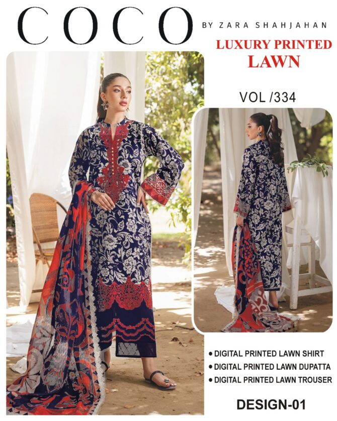 Coco by Zara ShahJahan Unstitched Lawn Dresses 3 Piece Suit Summer Collection Design No 1